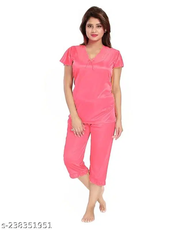 Satin Nightsuit Set for Women (Pink, M)
