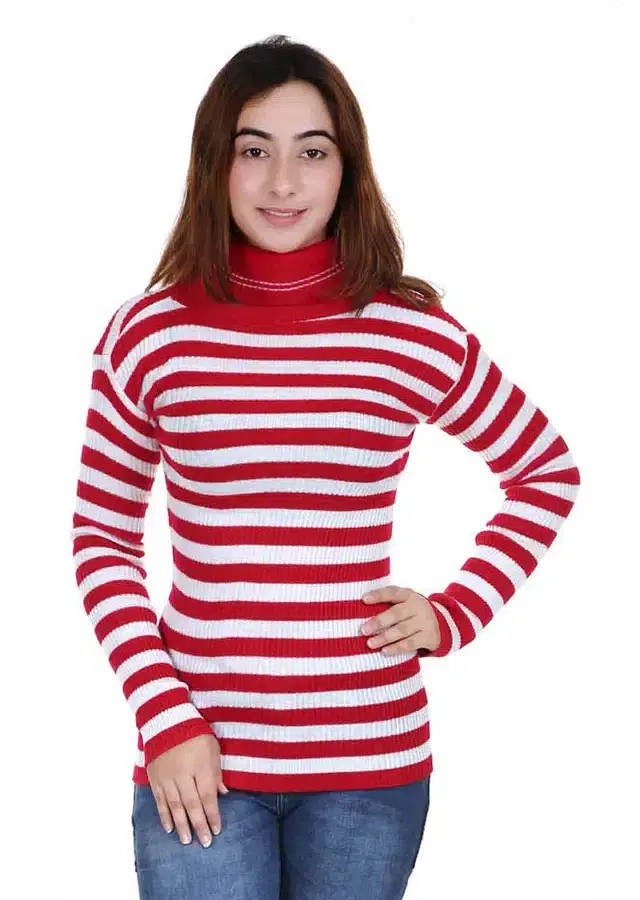 Full Sleeves Striped Sweater for Women (Red, XL)