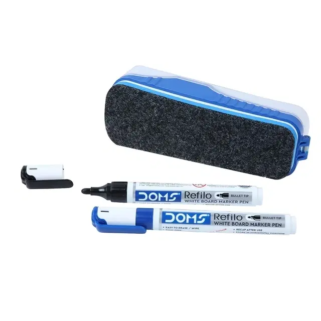 Doms Fine Magnetic Whiteboard Duster With 2 Markers [Blue & Black Ink]