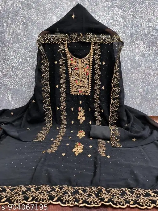 Georgette Embroidered Punjabi/All Over Suits for Women (Black, Un Stitched)