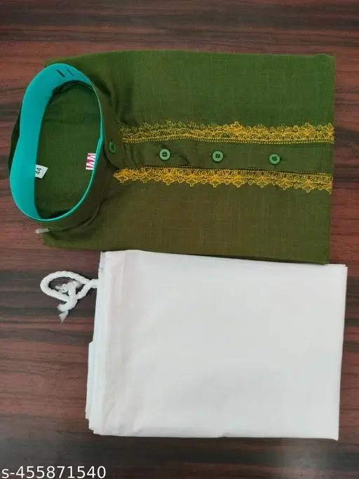 Cotton Solid Kurta Set for Men, White & Green (M)