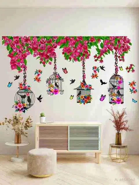 Colorful Flowers Cage Decor Wall Stickers Big Size Home Living Room Self Adhesive Sticker