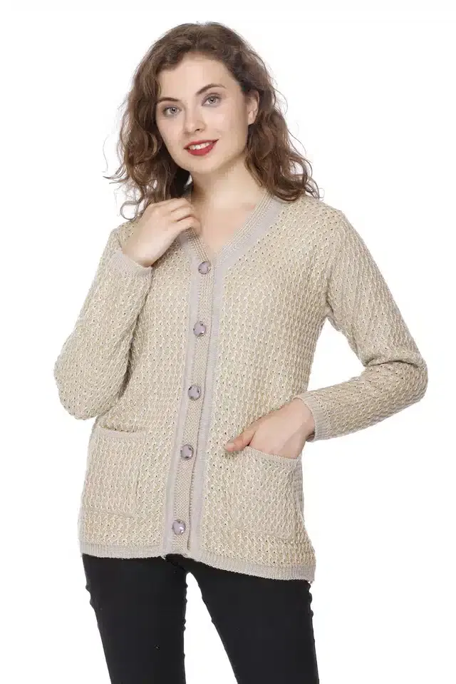 Woolen Silky Yarn Cardigan for Women (Beige, L, Free Size)