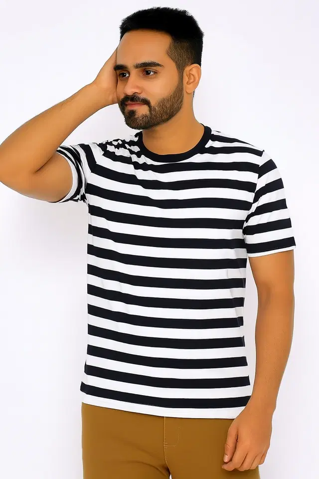 Cotton Stripes T-shirt for Men, Black (S)
