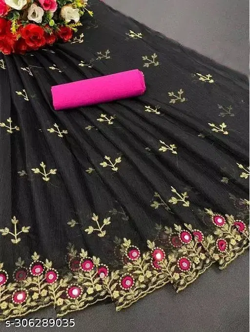 Embroidered Cotton Blend Floral Bangalori Silk Sewing & Embroidery (Black, Free Size)
