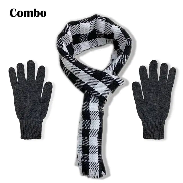 Woolen Checked Mufflers with Gloves for Men & Women, Set of 2 (Black & White)