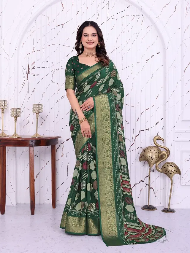 Dola Silk Printed Saree for Women, Green (6.3 m)