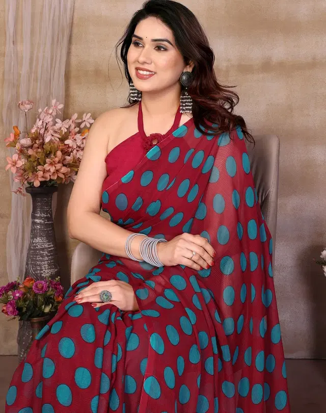 Georgette Saree for Women, Polka Dot (Maroon, Free Size)