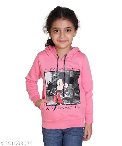 Woolen Printed Hoodie for Girls (Pink, 8-9 Years)