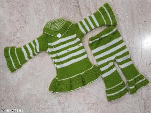 Acrylic Striped Clothing Set for Girls, Set of 1 (Green & White, 0-6 Months)
