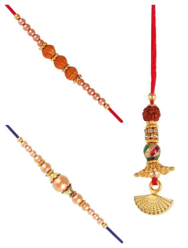 Designer Rakhi with Pearls Lumba for Rakshabandhan, Multicolor, Pack of 3