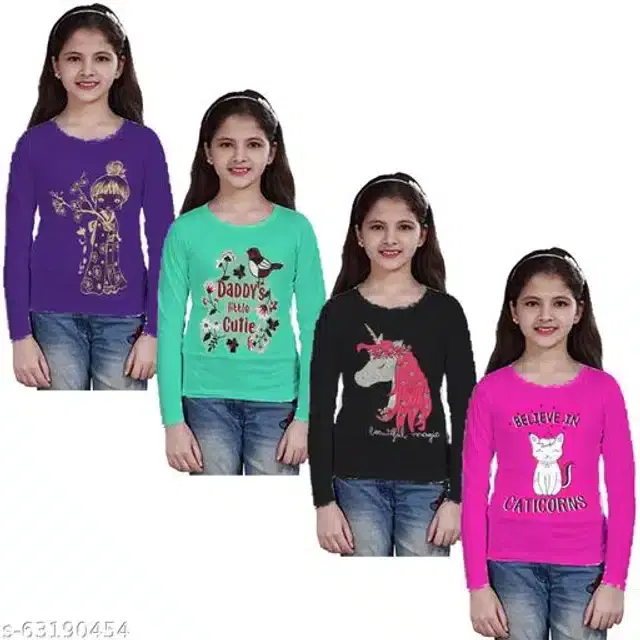 Cotton Full Sleeves T-Shirt for Girls, Pack of 4 (Multicolor, 7-8 Years)