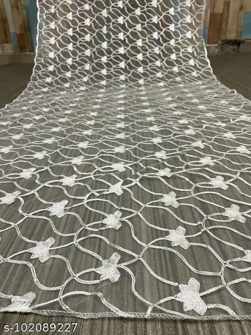 Floral Sequinned Embroidered Net Dupatta for Women (White, Free Size)