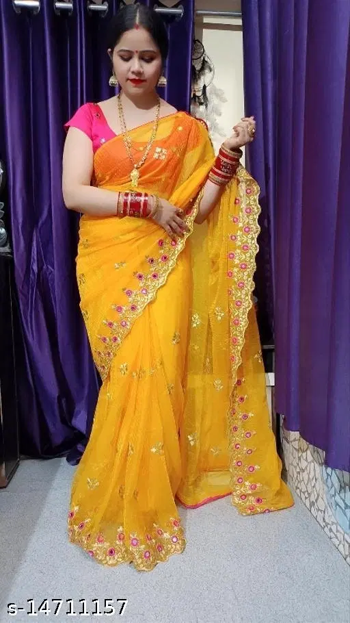 Embroidered Lehenga Saree for Women (Yellow, Free Size)