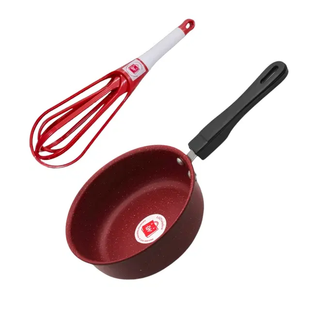 Nonstick Baby Sauce Pan with Whisk Hand Blender Mixer, Red, Set of 2