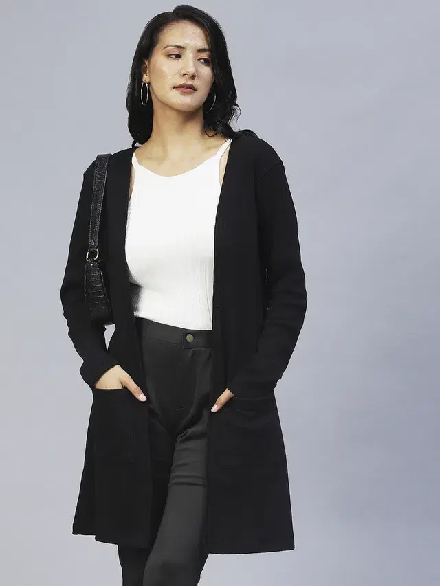 Women's Front Open Long Shrug (Black, Free Size)