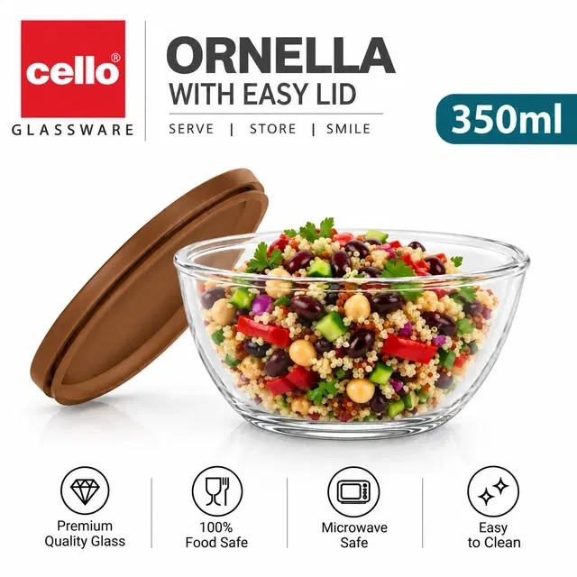 Cello Ornella Glass Mixing Bowl with Easy Lid, 350ml, Brown | Pack of 1 | Airtight Easy Lid | Microwave Safe | Mix, Serve & Store