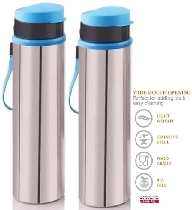 Stainless Steel Water Bottle, Silver & Blue, 900 ml, Pack of 2