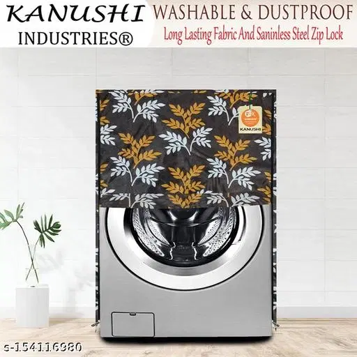 KANUSHI Industries® Washable & Dustproof Small Leaves Design Front Load Automatic Washing Machine Cover (Brown) (Suitable for 6 Kg, 6.5 kg, 7 kg, 7.5 kg)(WASMAC-SMALL-LEAVES-BROWN-FRONT-01)