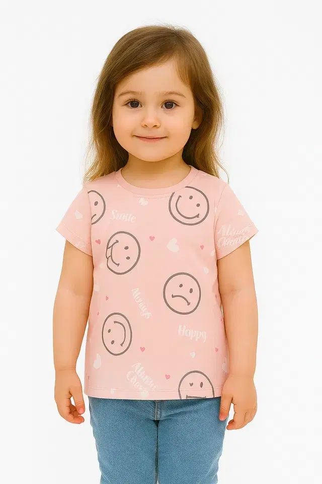 Round Neck Printed T-Shirt for Girls, Peach (4-5 Years)