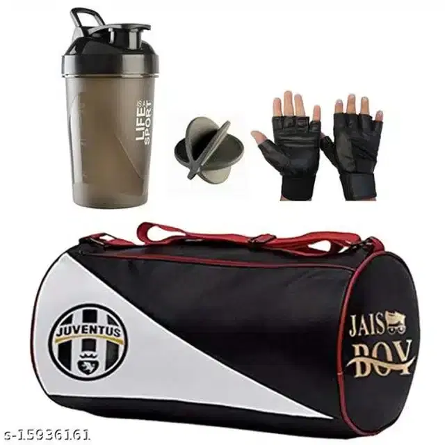Combo of Gym Bag with Shaker Bottle, 400 ml, Gloves, Multicolor, Set of 3