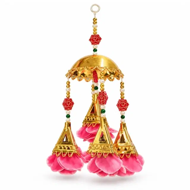 Golden Umbrella Jhoomar With Pink Flower And Triangular Danglers