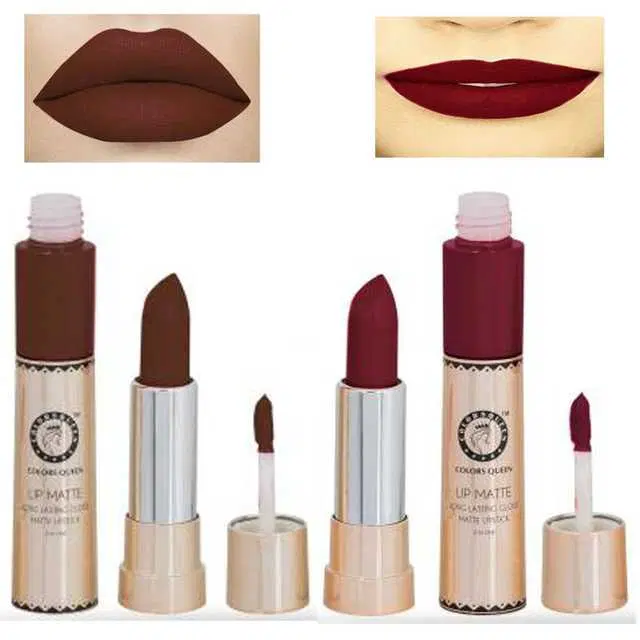 Combo of 1 Colors Queen Lip Matte Mehroon 2 In 1 24 Hour Long Lasting Gloss And Matte Lipstick, 6&2 g & 1 Colors Queen Lip Matte Coffy 2 In 1 24 Hour Long Lasting Gloss And Matte Lipstick, 6&2 g, R883