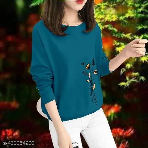 Cotton Printed Sweatshirt for Women (Teal, S)