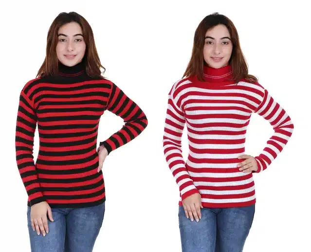 Full Sleeves Striped Sweater for Women, Pack of 2 (Maroon & Red, S)