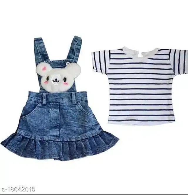 Dungaree with Top for Girls (White & Blue, 0-3 Months)