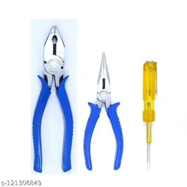 Combination & Long Nose Plier with Analog Line Tester, Set of 3, Blue & Yellow