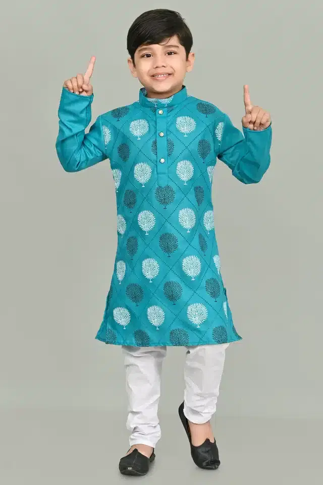 Printed Cotton Kurta and Pajama Set for Boys (Turquoise, 4-5 years)