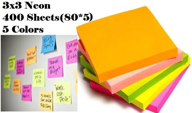 Paper Neon 80 Pcs Sticky Notes, Multicolor, 3x3 inches, Pack of 5