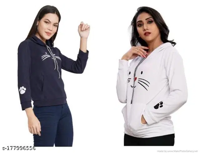 Polyester Hoodie for Women, Pack of 2 (Navy Blue & White, XL)