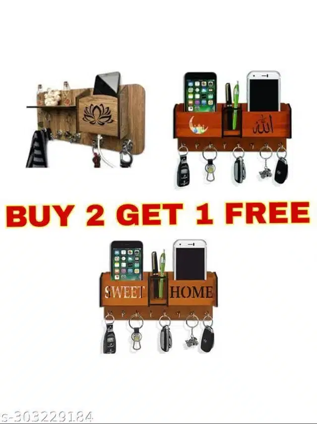 Wooden Key Holder, Brown, Pack of 3