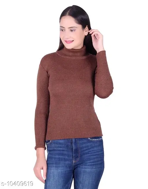 Hi-Neck Sweater for Women (Brown, L)