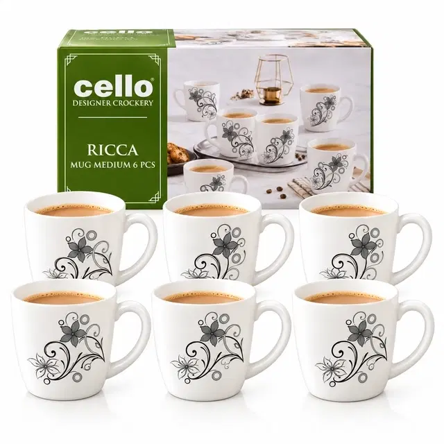 Cello Camber Black Ricca Mug Medium, 180ml | Set of 6 | Microwave & Dishwasher Safe | Chip-Resistant Opalware | For Tea, Coffee & Milk