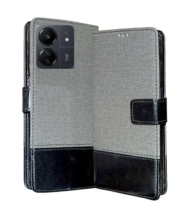 Artificial Leather Flip Cover For Poco C65 / Redmi 13C 4G, Grey
