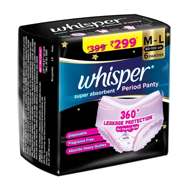 Whisper Super Absorbent Period Panty M-l 6 Pants, 360 Degree Leakage Protection For Heavy Flow