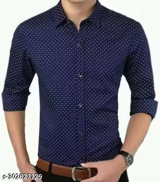 Cotton Printed Shirt for Men, Navy Blue (L)