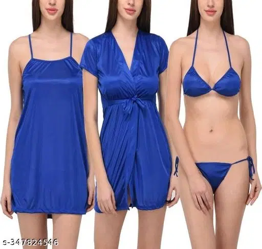 Satin Solid Babydoll for Women, Blue (S)