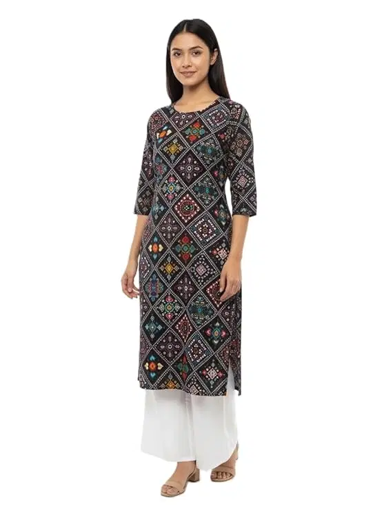 Cotton Blend Geometric Kurti & Payjama Set for Women, Black (XXL)