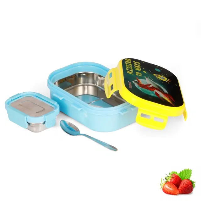 Stainless Steel Insulated 2 Containers Lunch Box with Spoon for Kids, 1x600 ml, 1x150 ml, Aqua Blue, Set of 1
