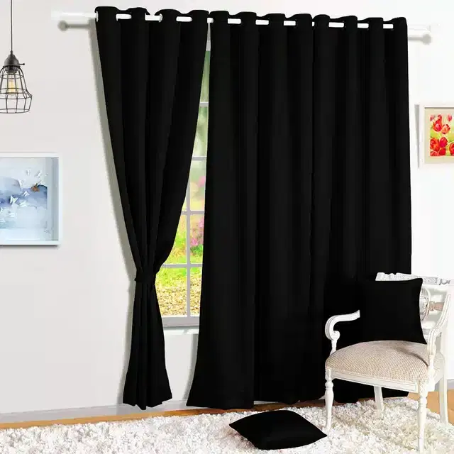 Polyester Solid Door & Window Curtains, Pack of 3, Black, 7 feet