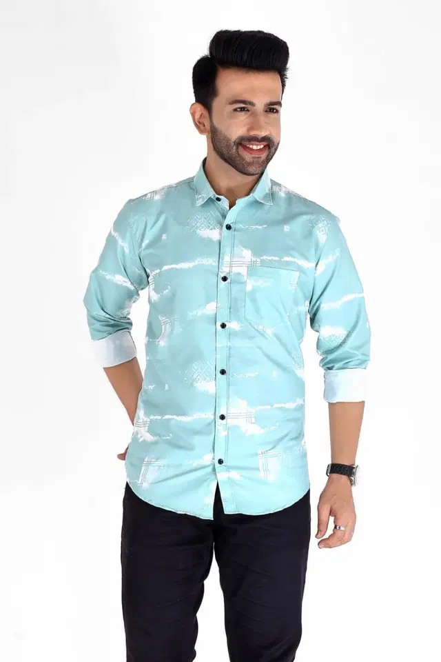 Cotton Blend Printed Shirt for Men, Light Blue (L)