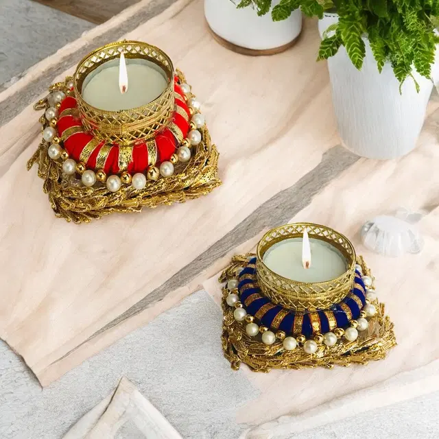 Metal Designer Tealight Candle Holder, Multicolor, 9.5x9.5x4 cm, Pack of 2