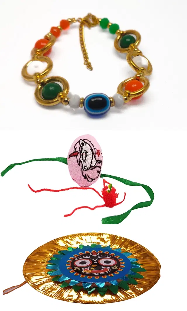Synthetic 3 Pcs Rakhi with Bracelet for Kids (Multicolor, Set of 1)