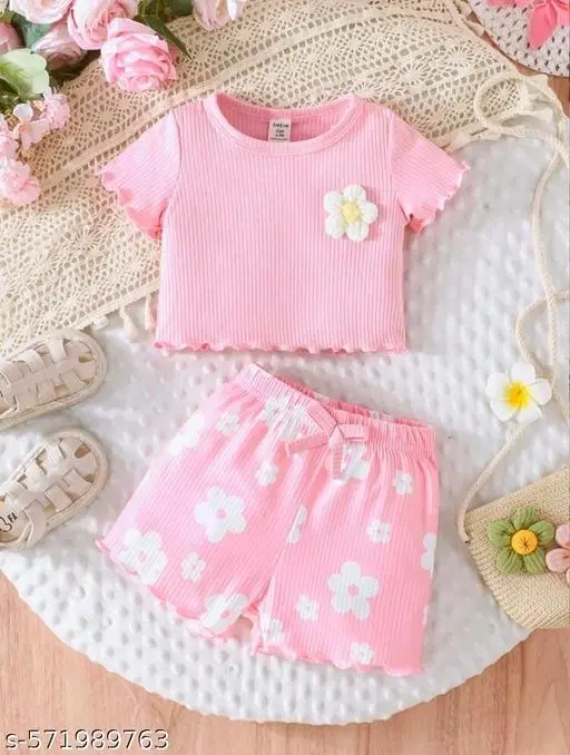 Cotton Blend Top & Bottom Set for Girls (Pink, 9-12 Months)