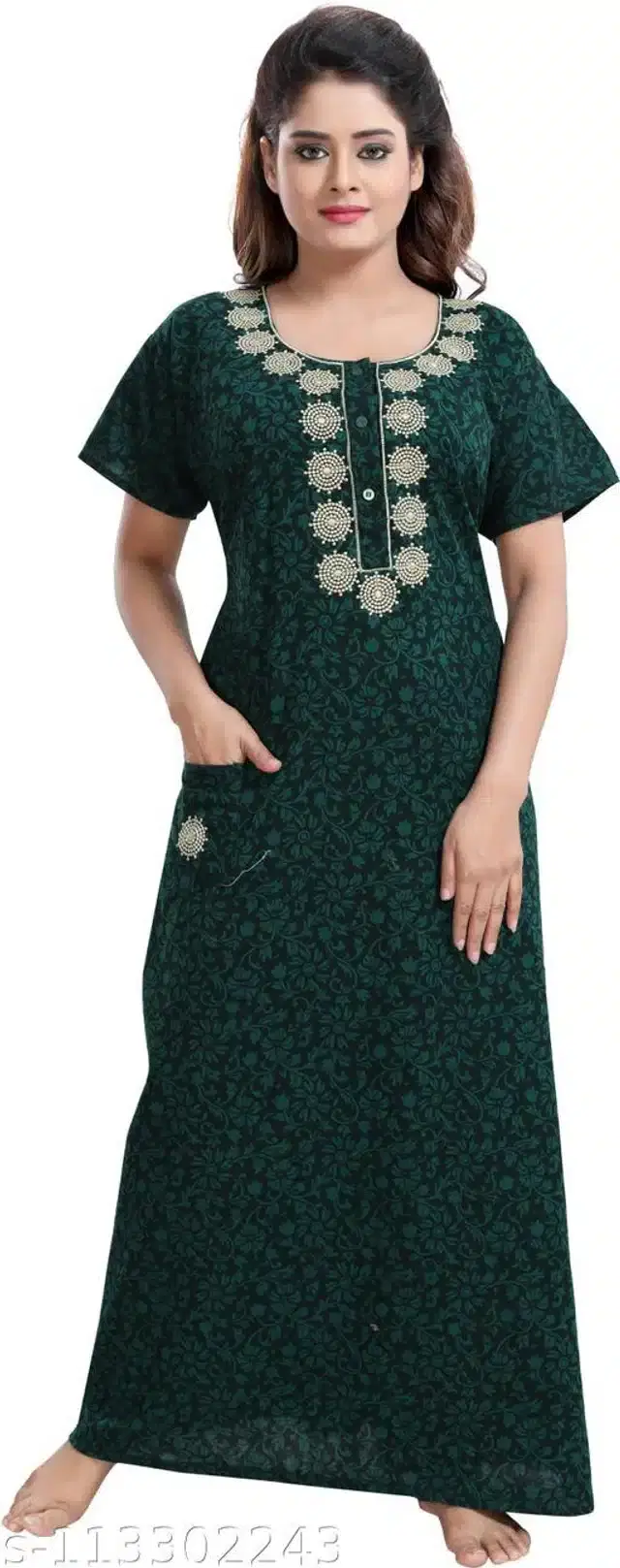 Cotton Embroidered Gown for Women (Dark Green, Free Size)
