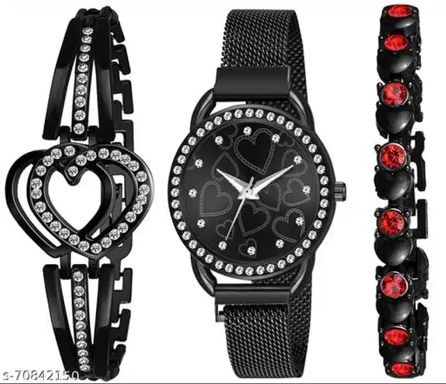 Analog Watch with 2 Pcs Braeclet for Women, Set of 3 (Multicolor)